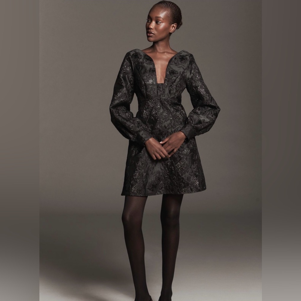 NWT Anthropologie Jacquard Elegant Black Babydoll Mini Dress